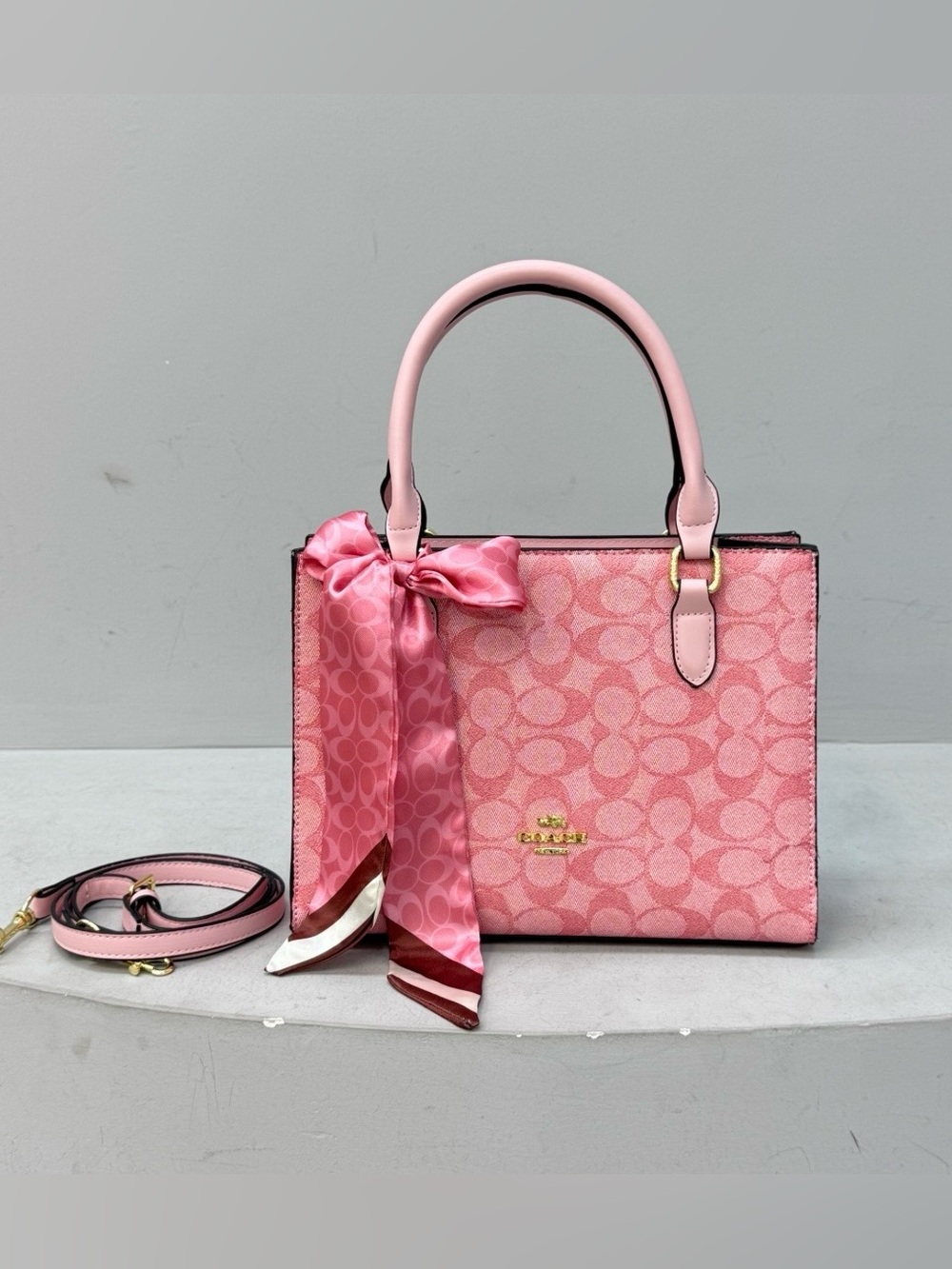Coach Pink Signature Satchel with Silk Scarf Accent